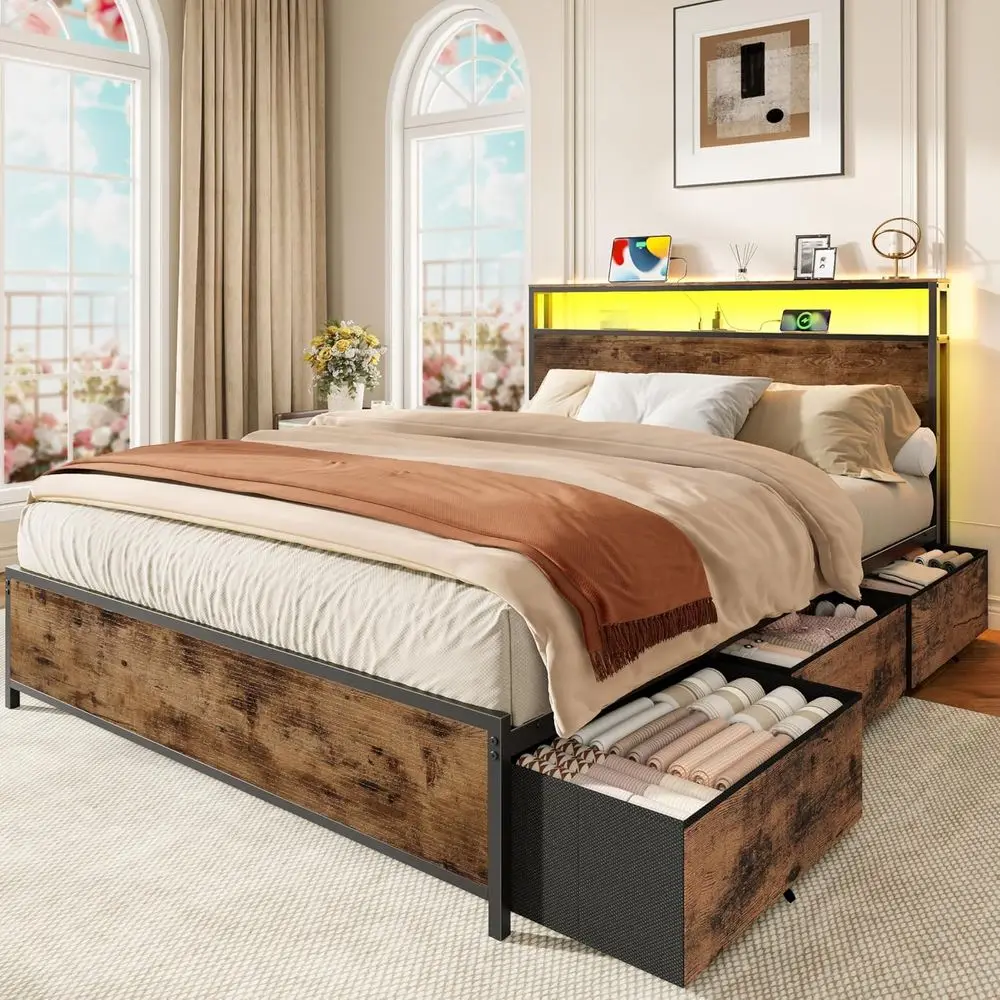 

Queen Size Metal Platform Bed with Charging Station, LED Lights, 2 Tier Storage, No Box Spring Needed, Rustic Brown