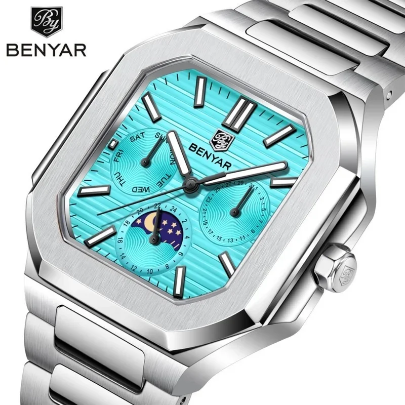 BENYAR 5221 Mens Square Watch Quartz Wristwatch Moon Phase Date Week 24 Hours Display Steel/Leather Strap Waterproof Luminous