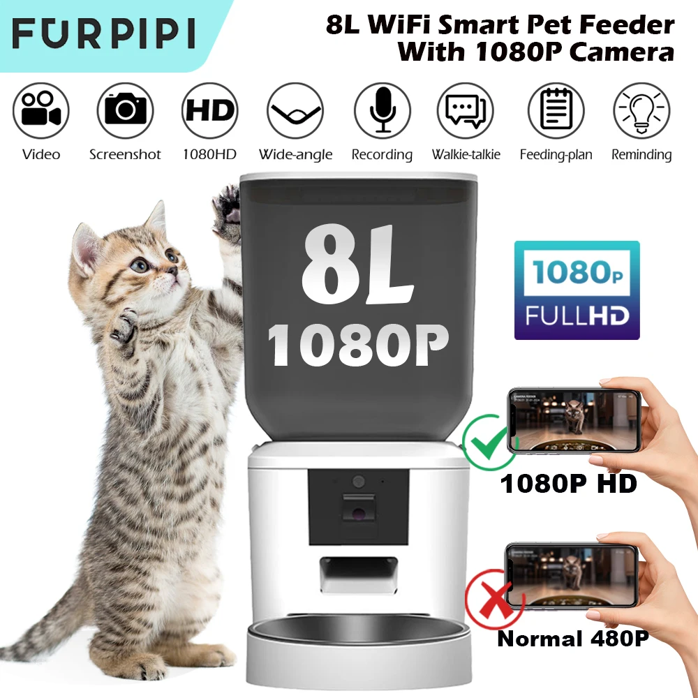 

Automatic Feeder for Cats Dogs with Camera HD 4L/8L Furpipi HD 1080P 2.4G/5GWiFi Time Setting Feeder for Pets Dogs Cats Bowls