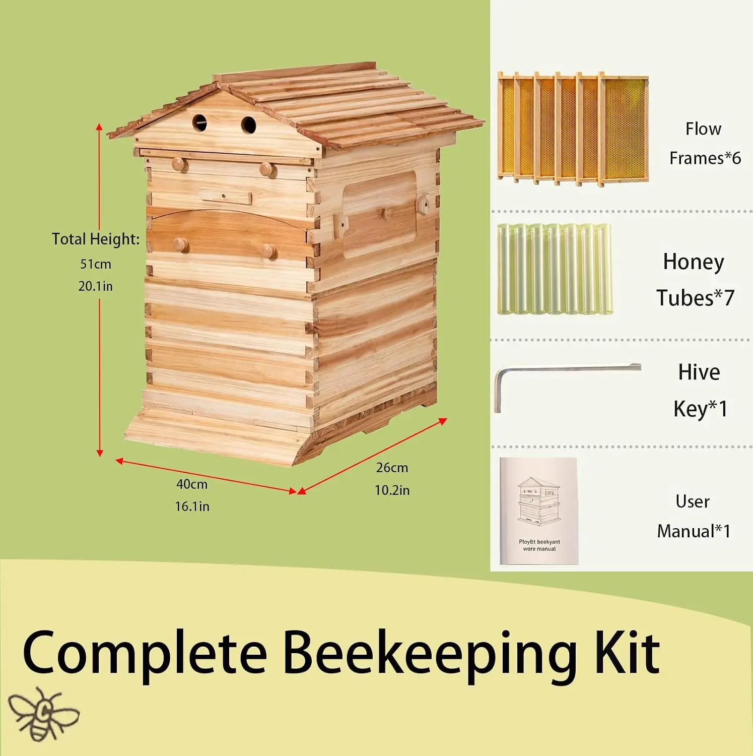 Auto Flow Beehive Starter Kit with 7 Flow Frames, Observation Window & Honey Tap, Wooden Bee Hive Box for Beginner Beekeeping