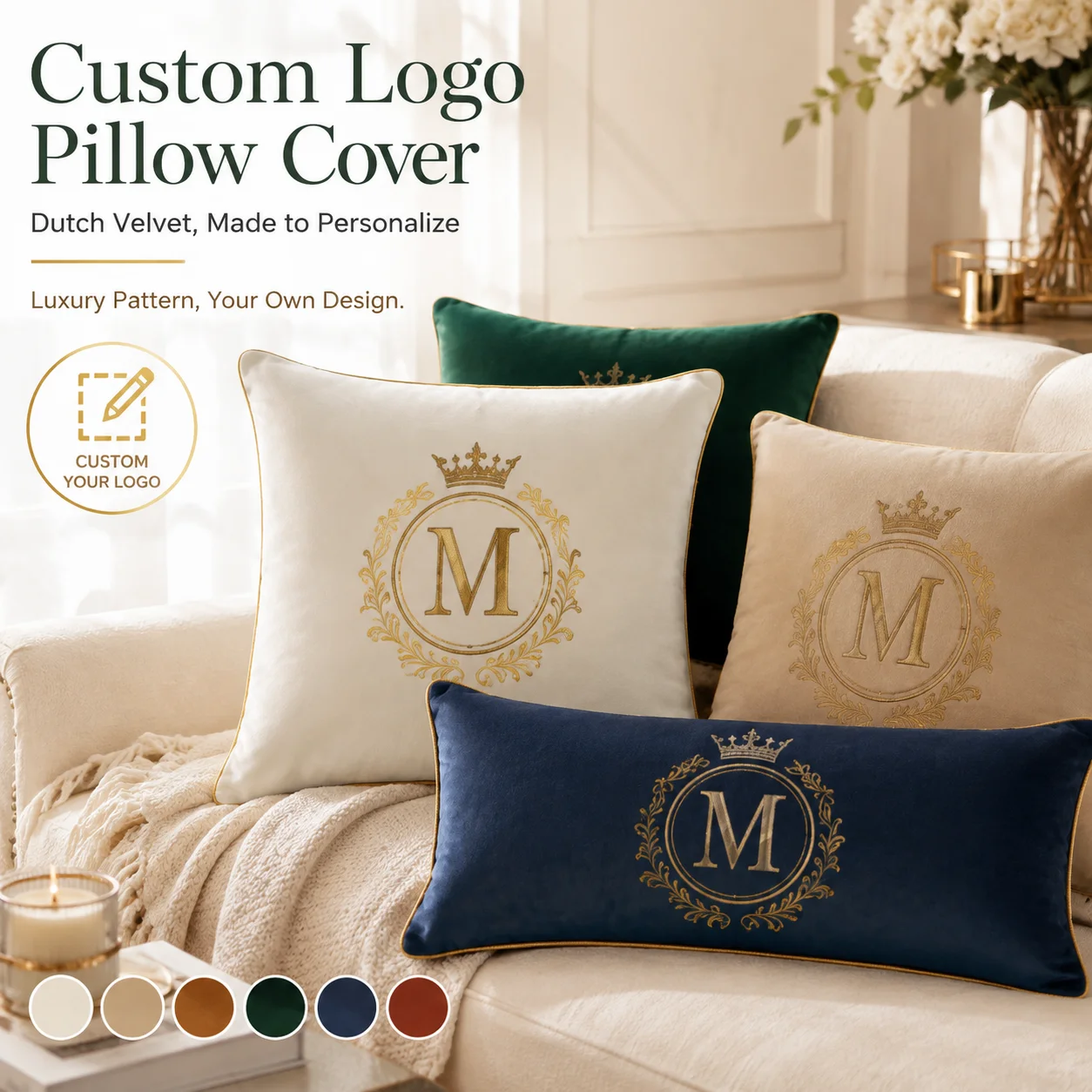 Custom Personalized Dutch Velvet Pillow Cover Luxury Decorative Cushion Case Custom Home Decor Throw Pillow Cover