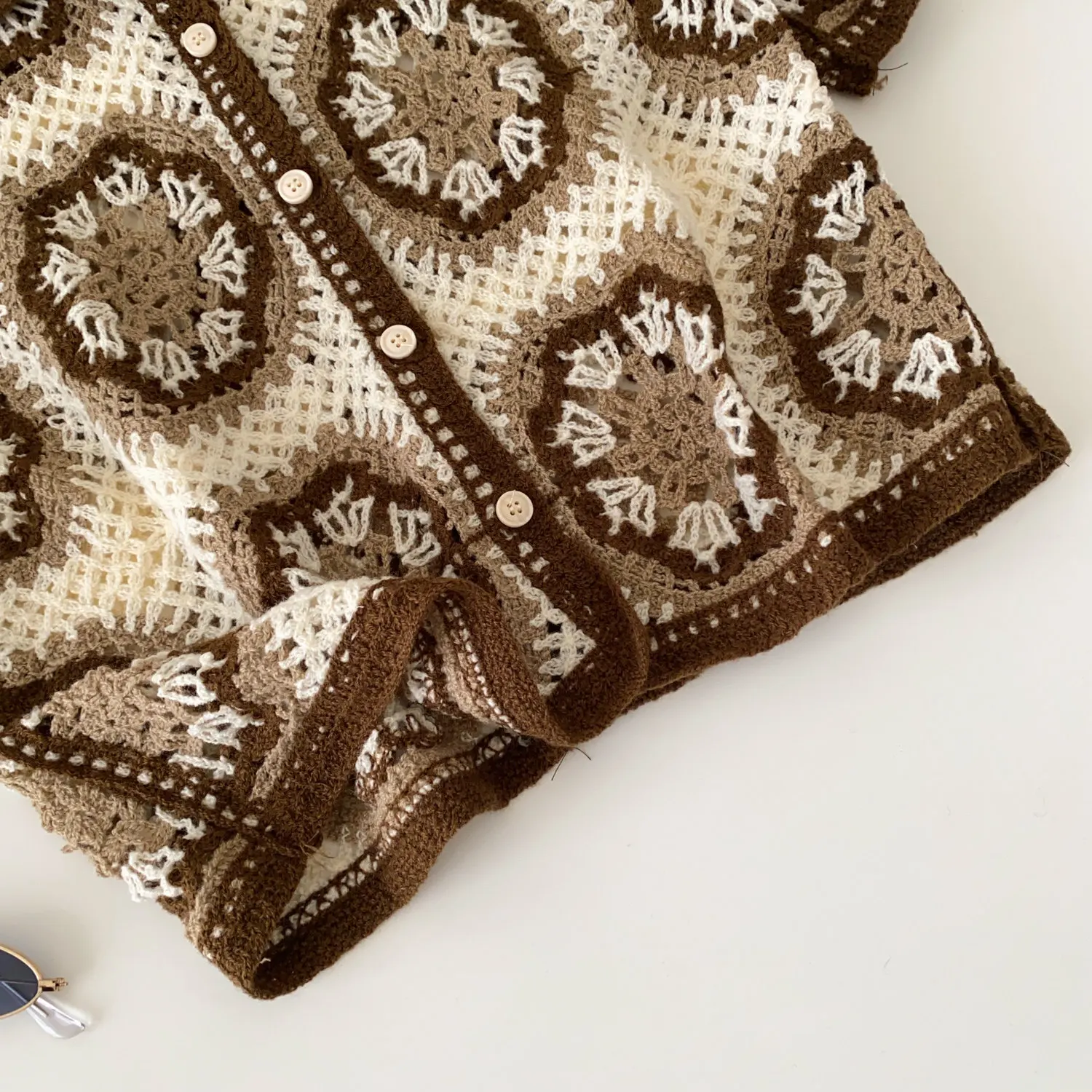 Short Sleeve Button Up Crochet Top Boho Chic Open Knitted Floral Lace Blouse Shirt for Women Summer Beach Cover-up Resort Wear