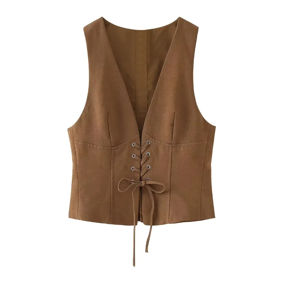 Summer Womens Brown Lace Up Vest And Short Skirt