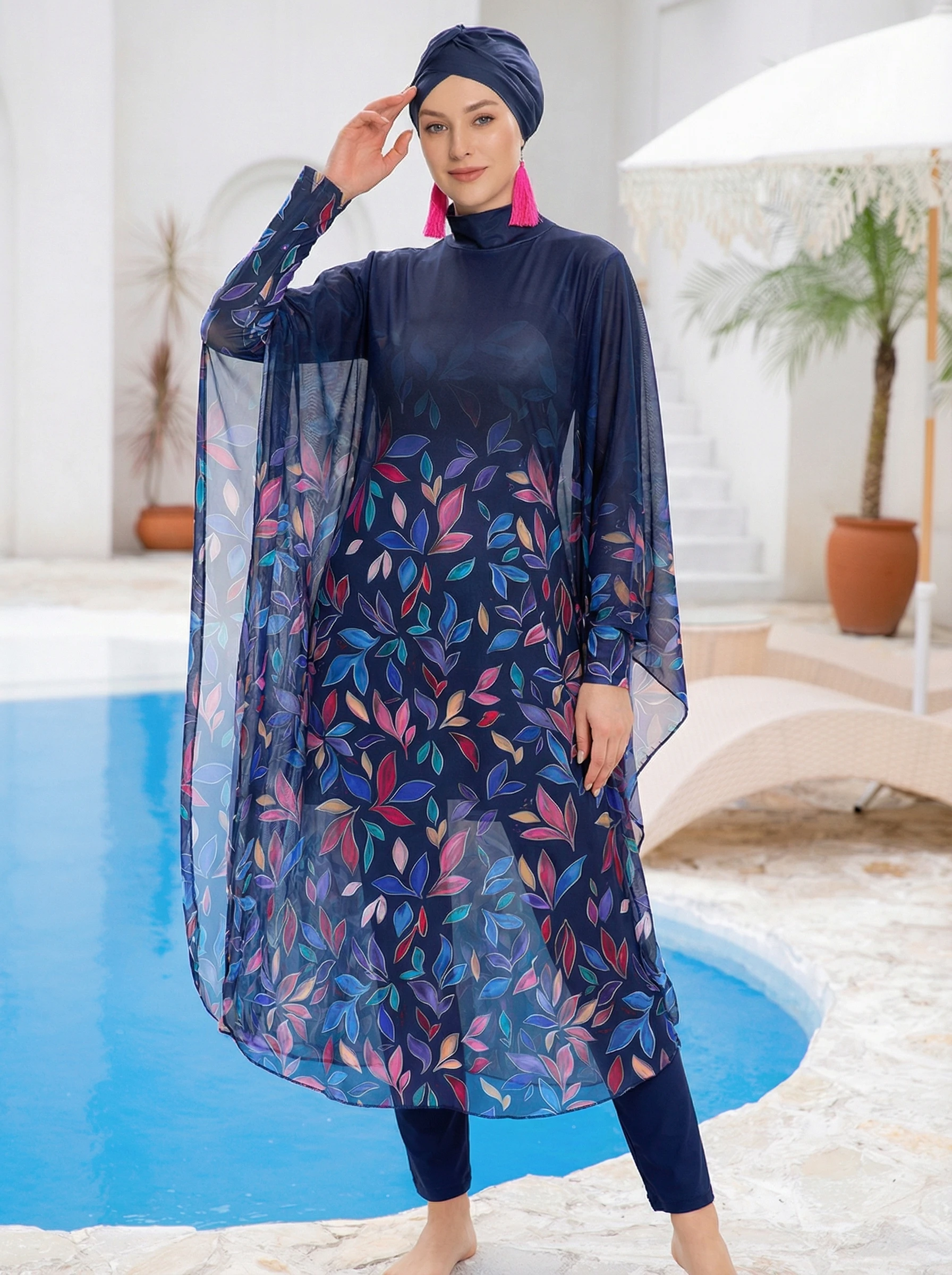 3/4-teiliger Burkini-Badeanzug mit hohem Kragen und langen Ärmeln, vollständig bedeckend, konservativ, figurbetont, Damen-Badeanzug-Set – Detail 6
