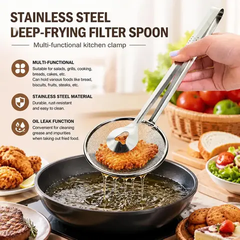 Stainless Steel Fine Mesh Strainer Spoon with Clip Kitchen Oil Filter Colander for Cooking Fried Food Salad BBQ Heat Resistant Kitchen Utensils Home Dining Supplies Straining Oil Soup Sauce Pasta Vegetables 240 Characters