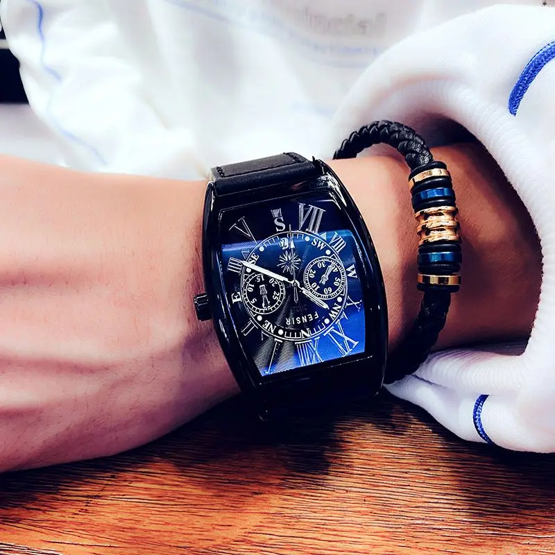 New Men's Fashion Quartz Watch, Stylish Barrel-Shaped Case, Reflective Blue Dial, Waterproof Leather Strap, Men's Business Casual Dress Watch, Roman Numeral Dial, Perfect Gift, High-Precision Men's Watch, Suitable for Office and Daily Use