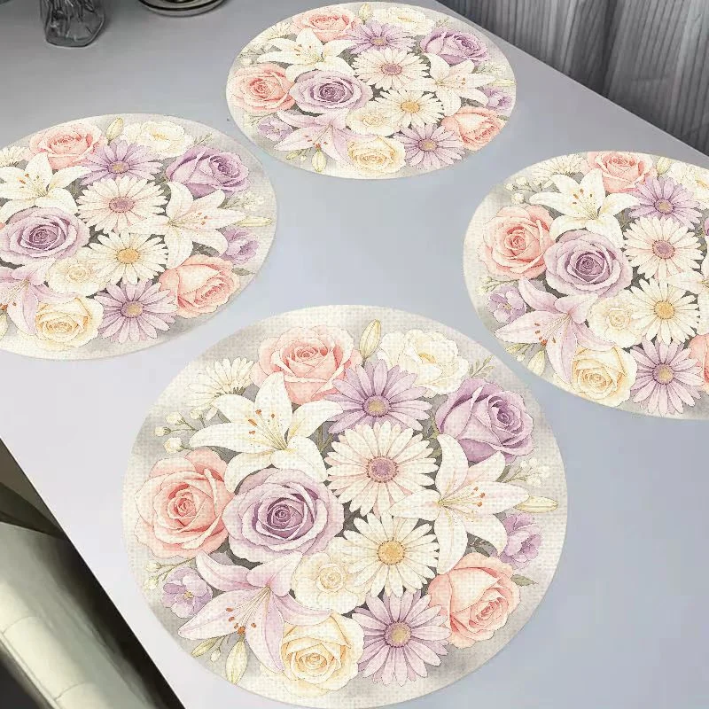VIKAMA Morandi Pink Purple Watercolor Rose Daisy Round Linen Placemats, Heat Resistant Waterproof Washable
