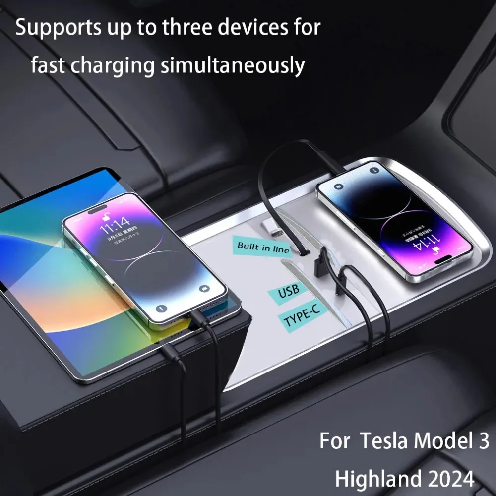 

For Tesla Model 3 Highland Quick Charger USB PD Type C Shunt Hub Extension Center Console Smart Sensor 3 Ports Docking Station