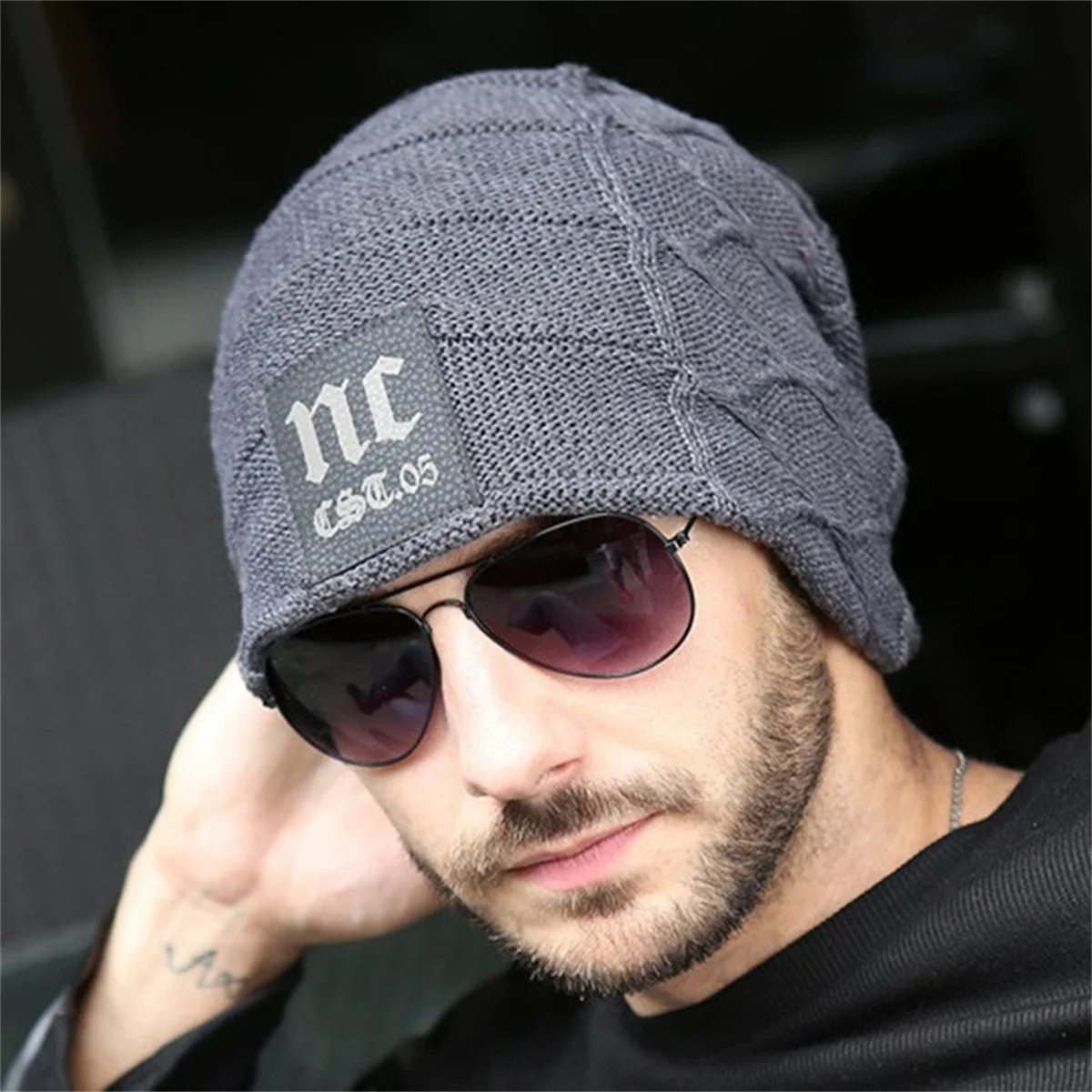 New Fashion Men\'s Beanie Hat Winter Hports Outdoor Korean Hedging Wool NC Letters Plus Velvet Thick Warm Knitted Hats