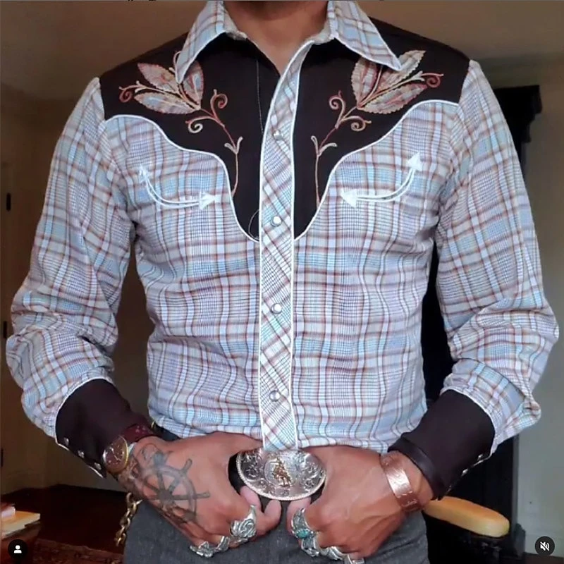 Vintage Plaid Floral Graphic Western Shirts Spring Autumn Fashion 3D Printed Long Sleeve Shirts Loose Lapel Casual Mens Clothing