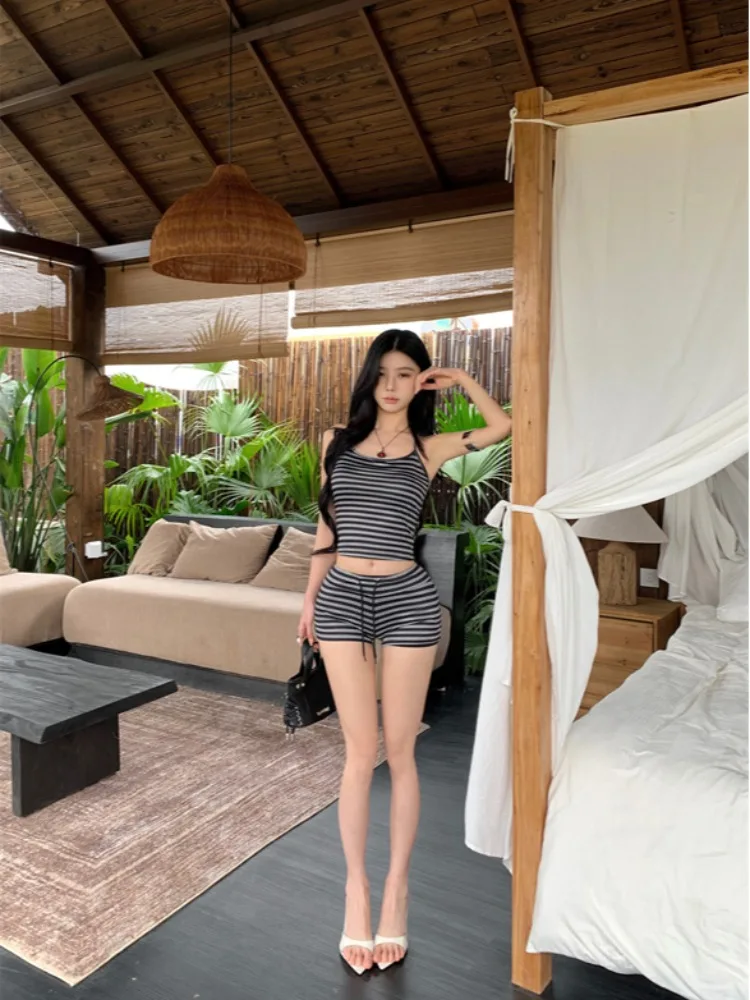 Coreano sle cor blo listrado ne baixo corte ter cintura baixa bodycon orts t peça conjunto feminino faion outfit casual
