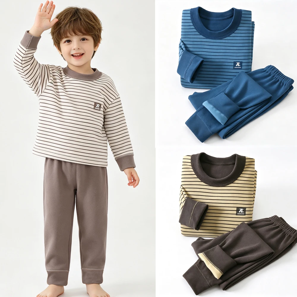 Winter Pajamas Boys Sets Thicke Fleece Children's Home Clothing Girls Night Wear Suits Cute Warm Striped Pijama Pink Grey Green