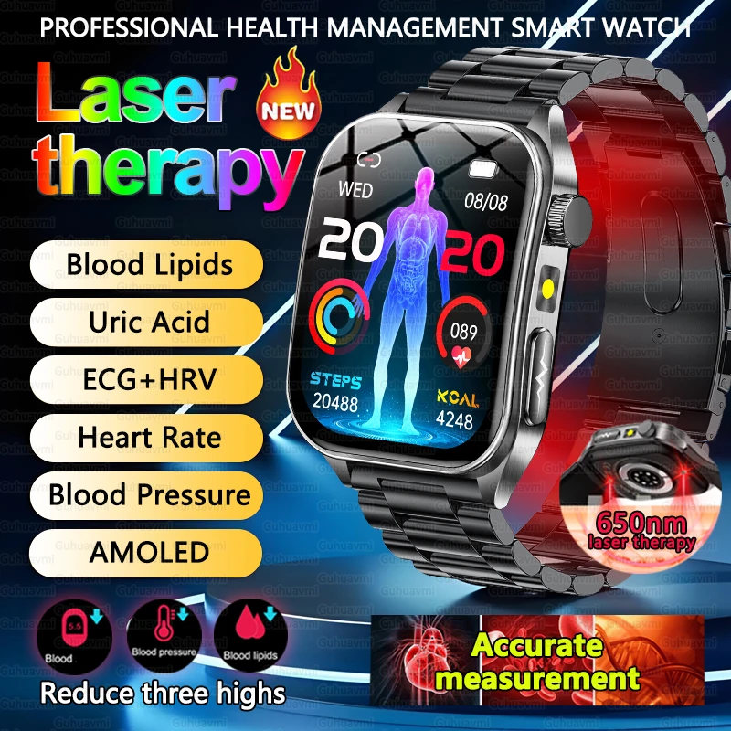 2025New Laser Therapy Health Smartwatch Sapphire Glass Screen ECG+PPG Heart Rate Blood Lipid Uric Acid Smart Watch For Men Women