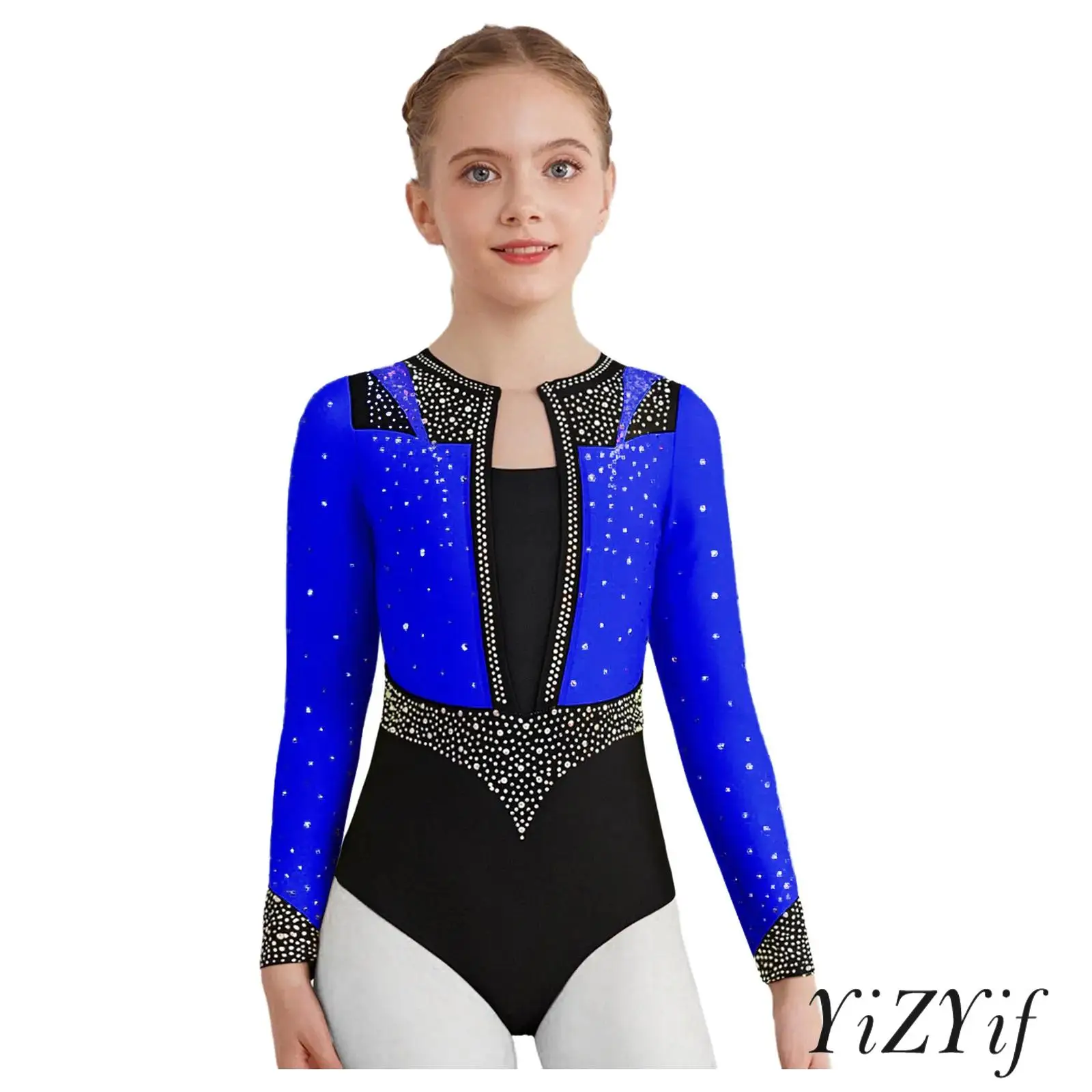 

Kids Girls Sparkling Rhinestones Figure Ice Skating Leotard Long Sleeve Gymnastics Dancewear Ballet Dance Training Bodysuit