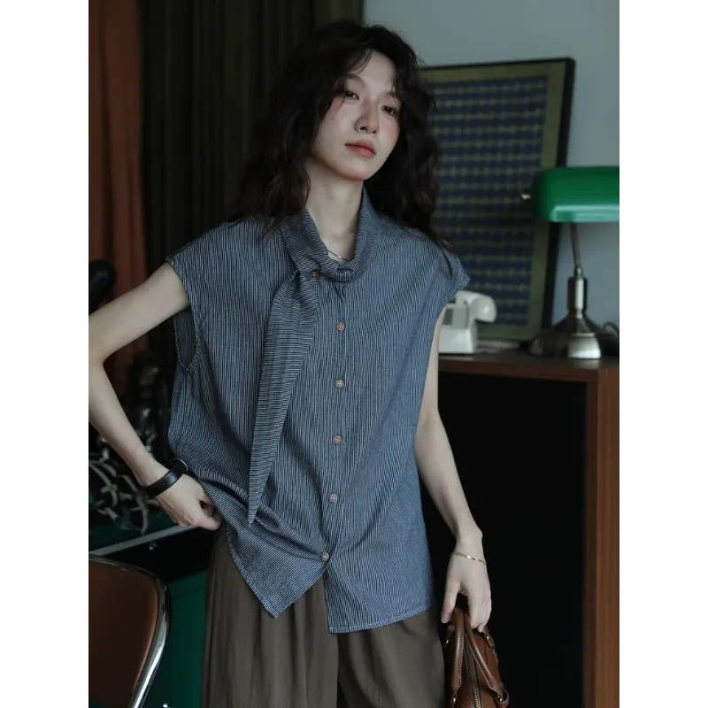 Women Striped Tie Bow Sleeveless Shirt Loose Casual Blouse With Free Belt Summer Daily Tops
