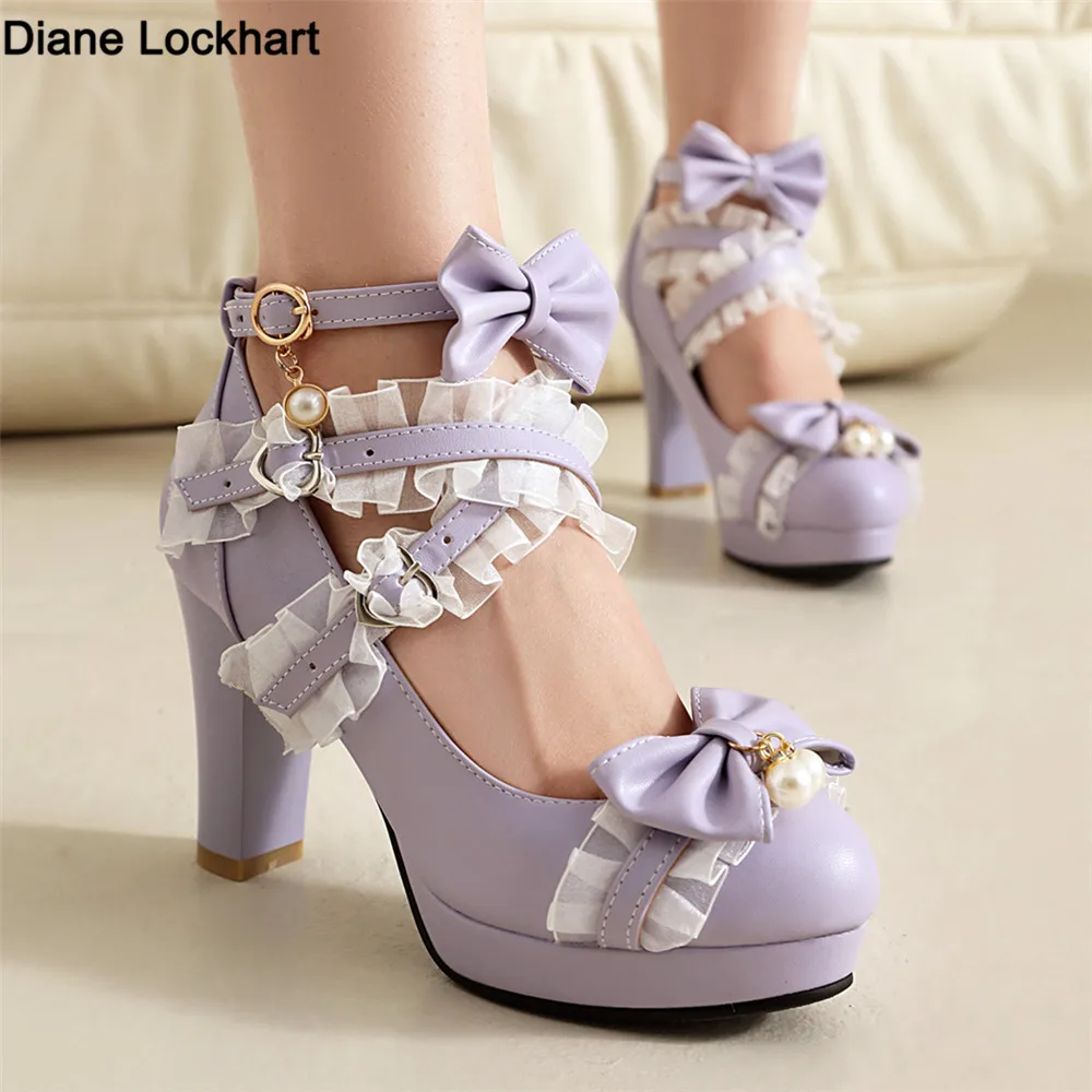 

Spring Cross Strap Buckle Women High Heels Mary Jane Pumps Party Wedding Cosplay Purple Pink Bow Princess Cosplay Lolita Shoes