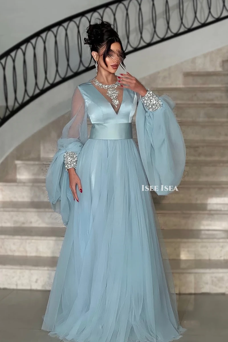 빈티지 스타일 이브닝 드레스 튤 퍼프 슬리브 포멀 가운 브이넥 맥시 드레스 웨딩 게스트용 맞춤형 이브닝 드레스