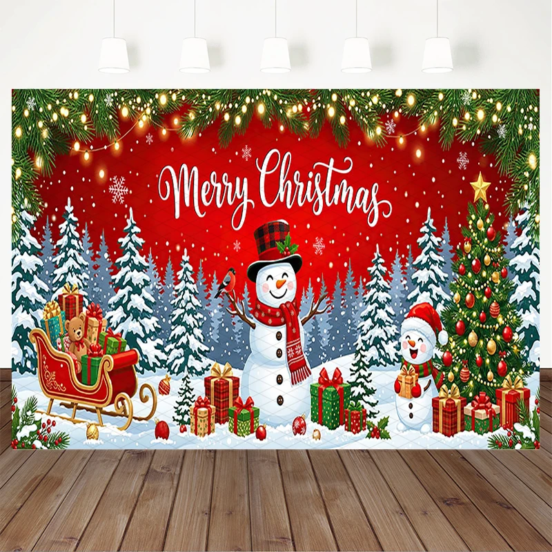 Mocsicka Red Merry Christmas Photography Backdrop Snowman Sleigh Gift Box Snow Tree Lights Kids Family Holiday Photo Studio Prop