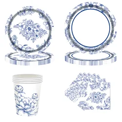 Blue and White Flower Party Decorations Floral Blue White Porcelain Plates Napkins Tablecloth Bridal Birthday Baby Shower