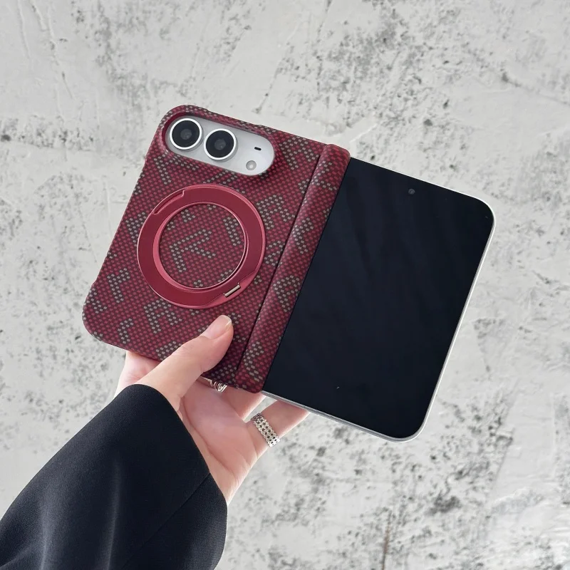 Carbon Fiber Case for IPhone Duo Rotating Kickstand Woven Texture  For Magsafe Magnetic Shockproof Cover