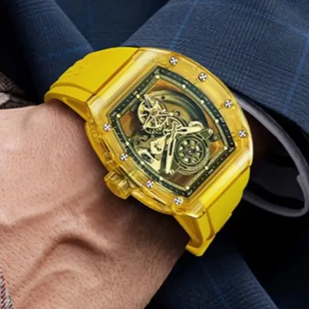 BONEST GATTI Men Tourbillon Watch Tonneau Automatic Mechanical Wristwatch Transparent Acrylic Case Luminous Skeleton Dial