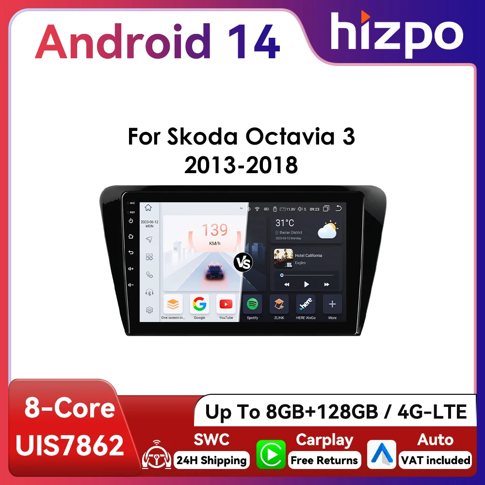 Hizpo 2Din 10.1inch Wirless CarPlay Android Auto Car Radio for Skoda Octavia 3 A7 2013 - 2018 BT 4G GPS Navigation RDS DSP SWC