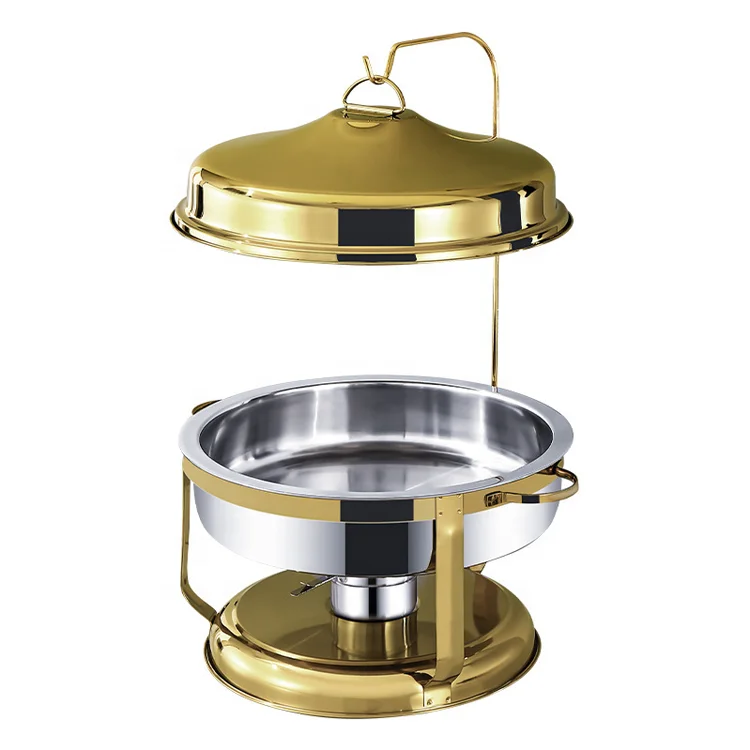 Hot Sales Gold Color Stainless Steel Catering Buffet Food Serving Tray Chefing Dish Food Warmer Round Chafing Dish With Cover