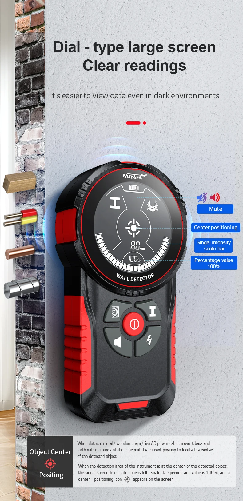 NOYAFA Metalldetektor Bolzensucher Holzbolzen Wandscanner Professioneller Live-Draht-Metall-Holzdetektor Elektrischer Box-Finder – Detail 10