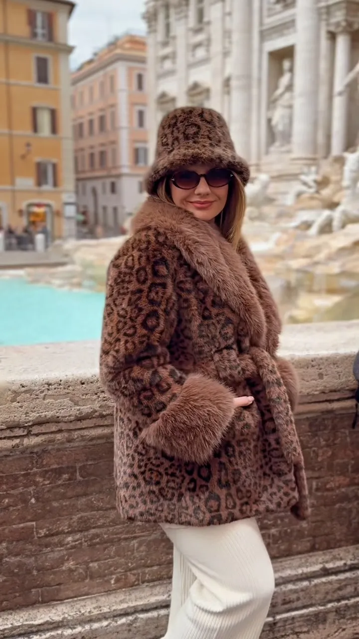 Fashion Lapel Leopard Print Faux Fur Jacket Women Luxury Full Sleeve Loose With Belt Warm Jackets Lady Winter Daily Street Coat