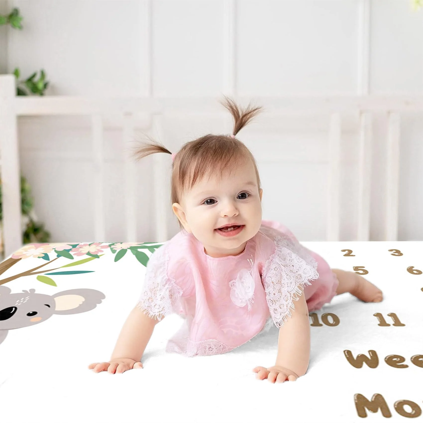 VIKAMA Cute Koala Baby Milestone Blanket, Floral Newborn Monthly Growth Photo Mat for Photography Prop