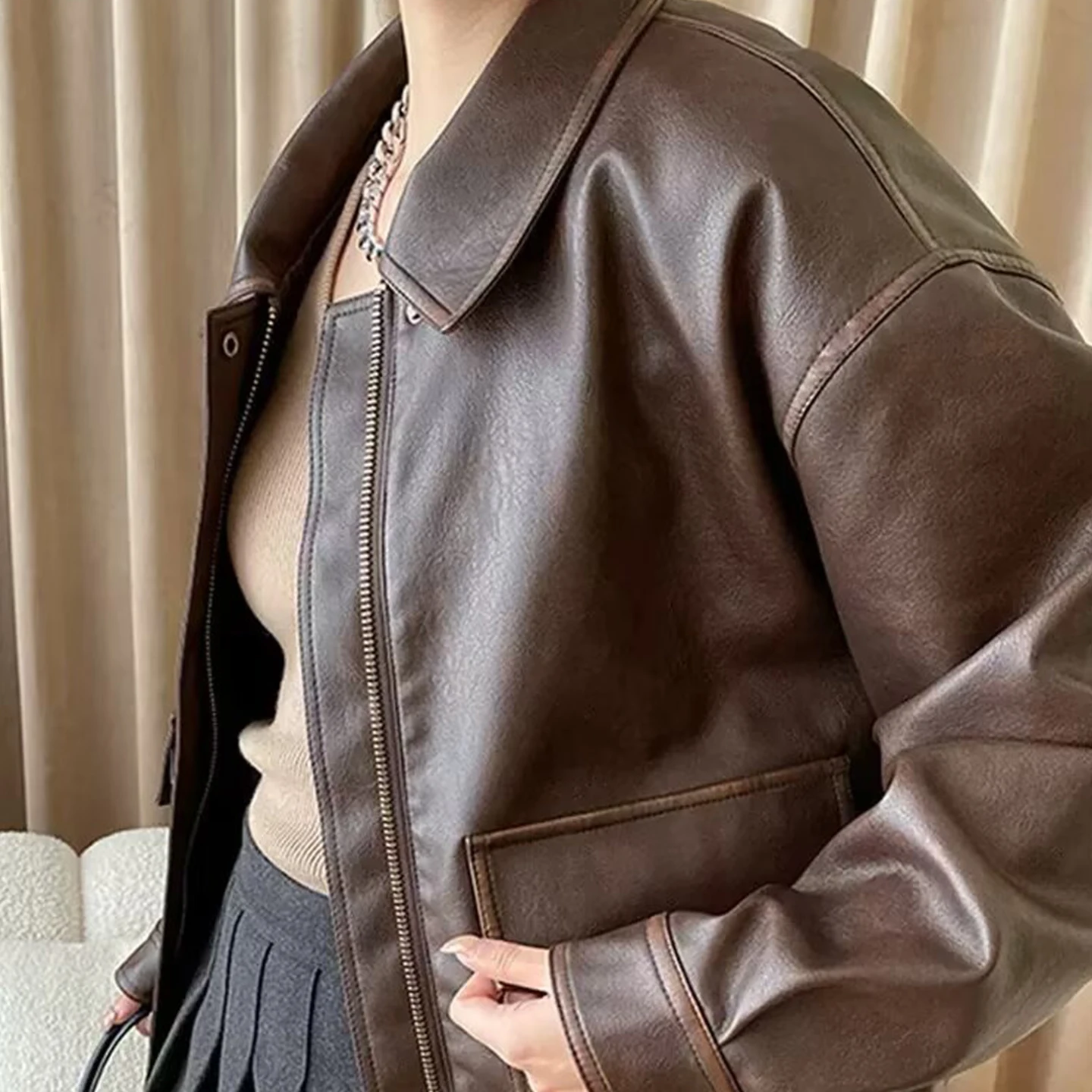 

Новинка осени 202, женское коричневое мотоциклетное винтажное пальто с воротником на молнии, длинное пальто с воротником-молнией