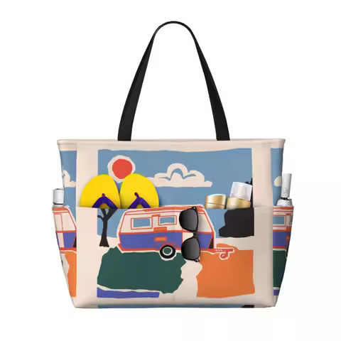 Retro Vintage Eriba Caravan Beach Tote Bag Sport Gym Yoga Duffle Large Tote Bag Women Travel Bag Fitness bag
