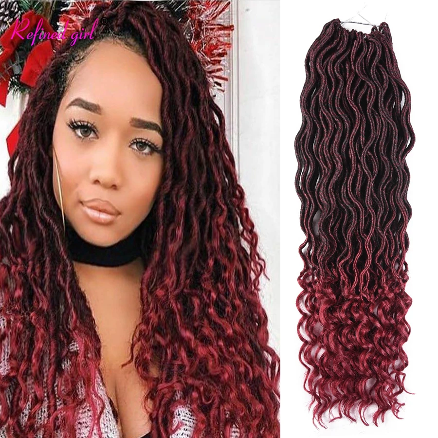 

Wavy Faux Locs Crochet Hair Goddess Locs Synthetic Braids Hair Extensions Ombre Brown Color Braiding Hair With Curly Ends