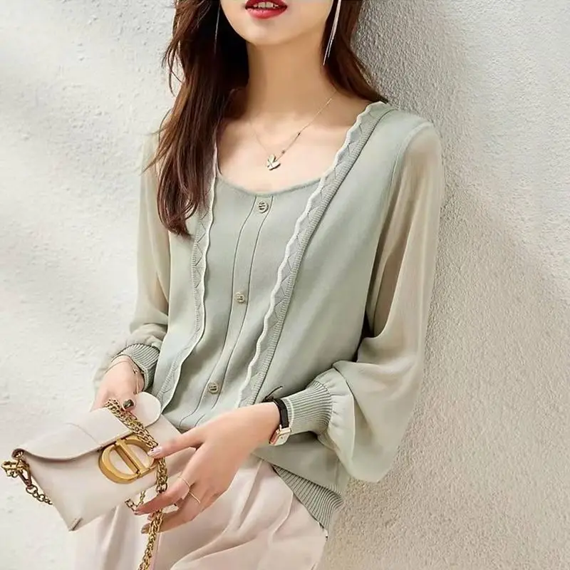 Elegant O-Neck Button Knitted Spliced Gauze Blouses Women\'s Clothing 2024 Autumn New Loose All-match Tops Office Lady Shirts