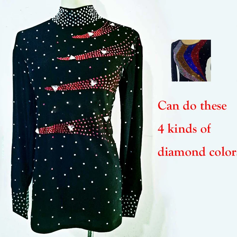 Latin Dance Shirts Men Black Long Sleeve Sequin Diamond Tops Male Ballroom Shirt Competition Performance Wear Customize DN2370