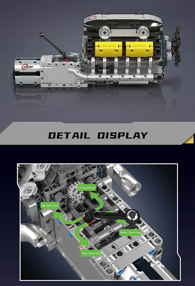 Mould King 10202 Modello di motore motorizzato Supercar V12 con kit di montaggio tecnico per blocchi di trasmissione per regalo per adulti per bambini