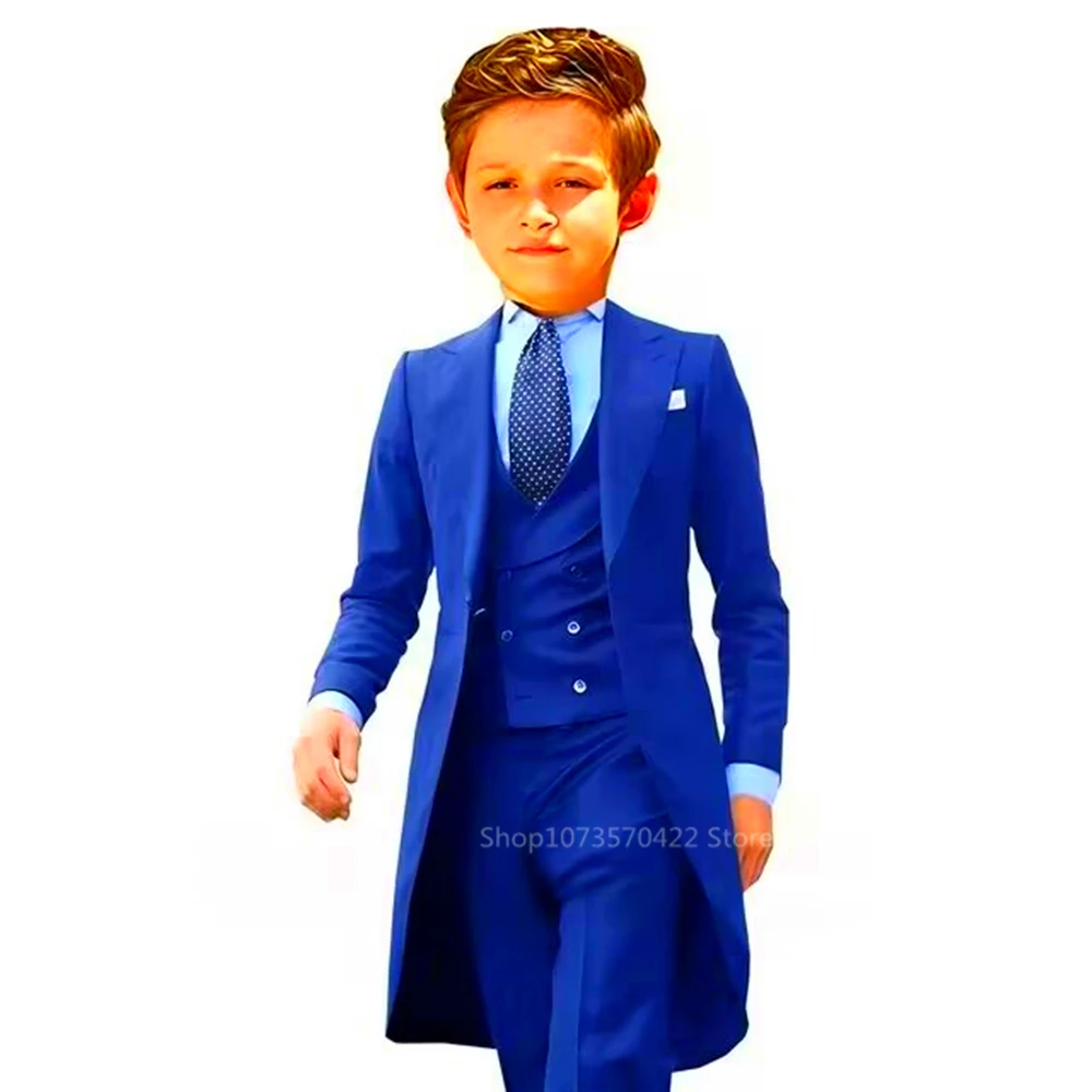 

3 Pieces Tailcoat Boy Suits Costume Child Royal Blue Jacket Vest Pants Flower Boys Formal Party Suit Kids Wedding Suit Tuxedos