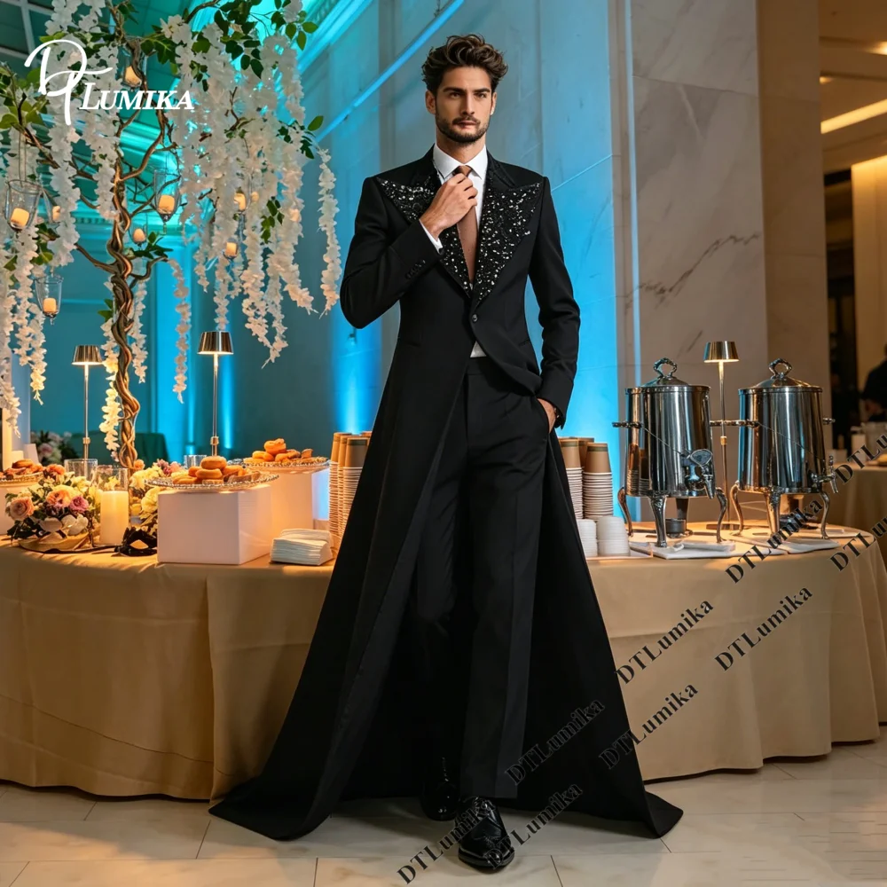 

DTLumika Men Formal Tailcoat with Sequined Shawl Collar Blazer Trousers Custom Made Suit Groomsmen Wedding Prom Evening Tuxedo