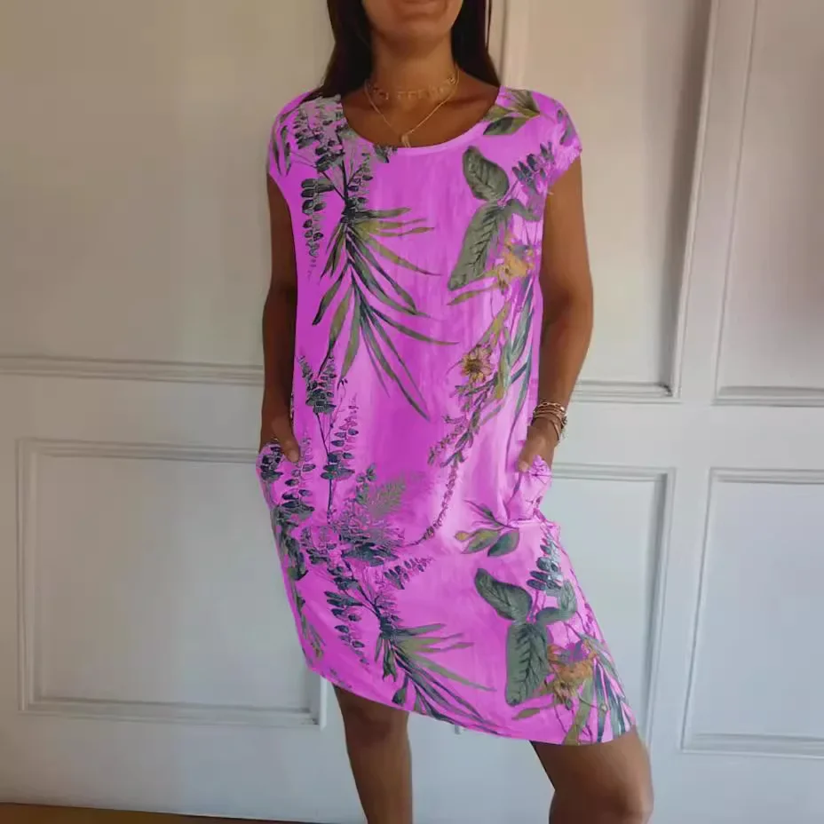 2025 Estate Nuove Donne Boho Abito Vintage Stampa Botanica Manica Corta Grande Tasca Abito Midi Lady Vacanza Abito Da Spiaggia Robe Femme