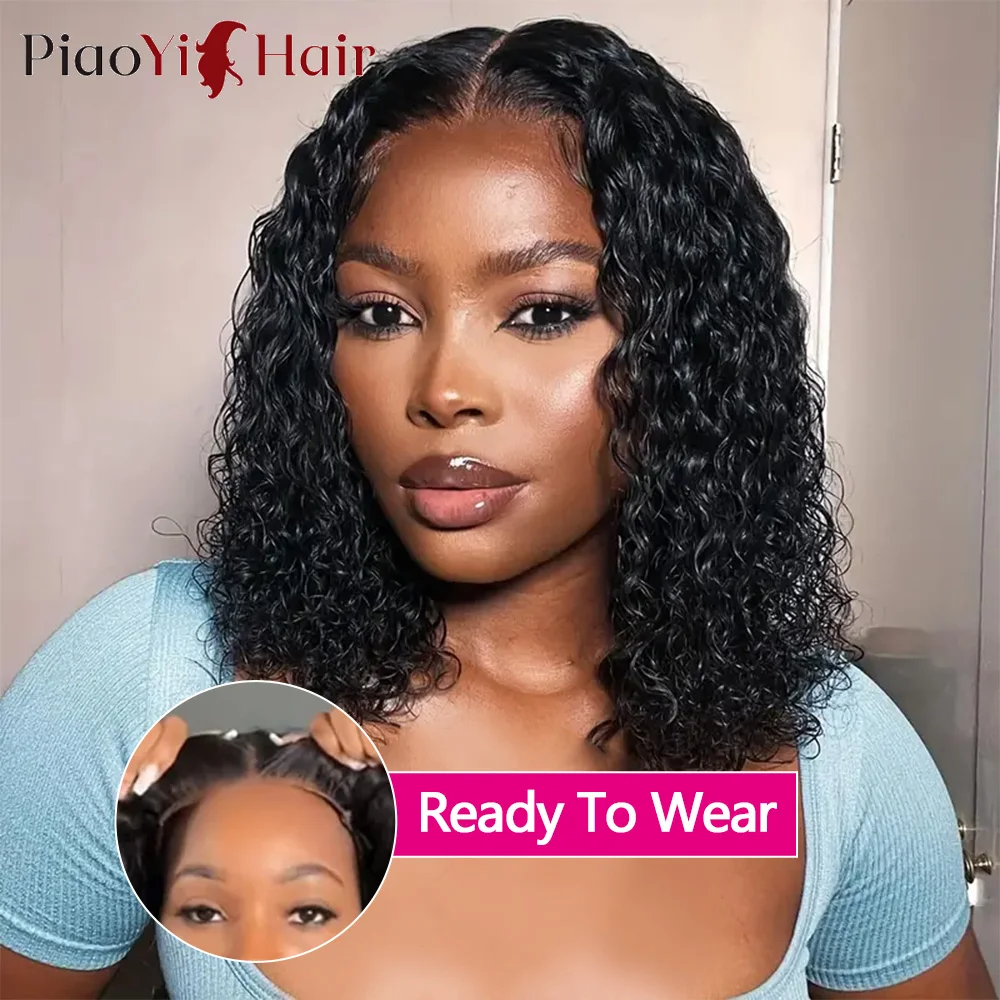 Glueless Human Hair Water Curly Wave Bob Ready to Wear Deep Wigs 200 Density  4X4 Lace Wig Bob 100% Human Hair Wigs Top Quality