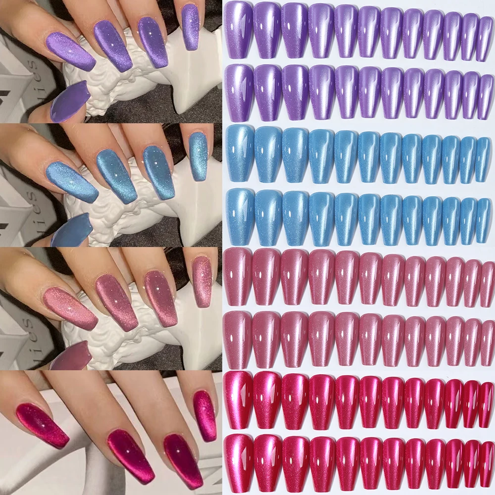 

96 шт./кор. (4 смешанных) Y2K Длинный глянцевый глянцевый эстетический кристально-красный кристалл «кошачий глаз» с французским кончиком на ногтях Длинные ногти Дизайн идеальный