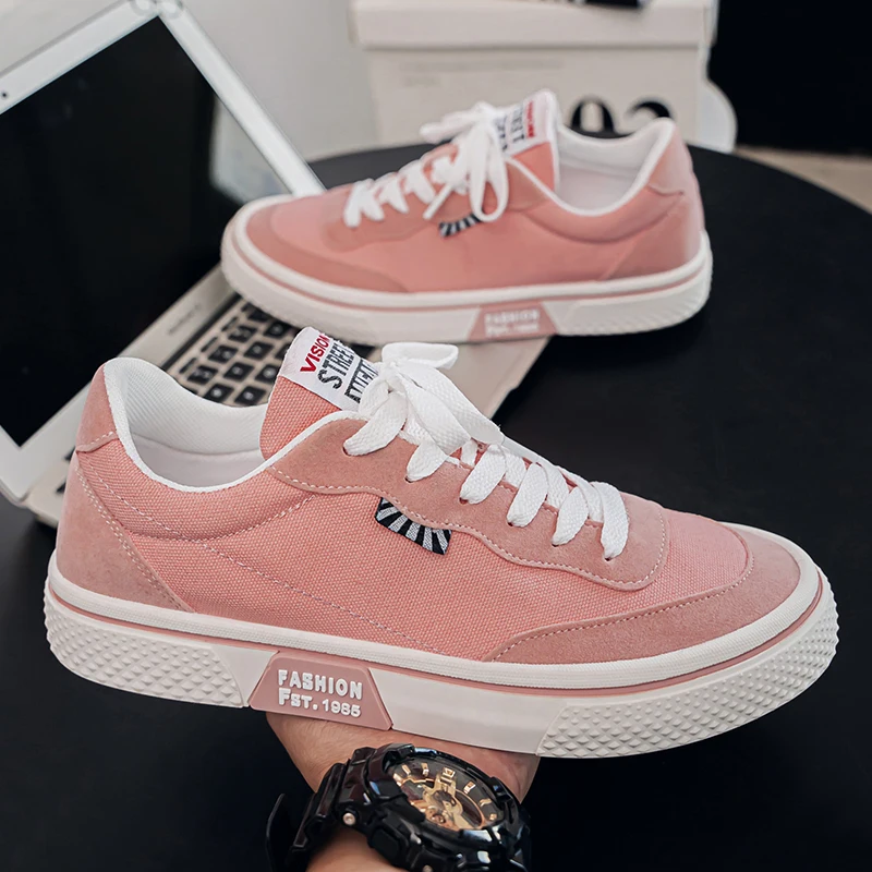 

Hot Sale Pink Men's Vulcanize Shoes Low Cut Flat Canvas Shoes for Men Comfortable Lace-Up Casual Shoes Man Skateboarding Shoes