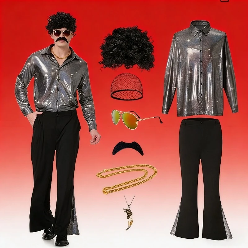 

Мужская рубашка с принтом, расклешенные брюки, классический костюм для выступлений, ретро-комплект для вечеринки, мужской повседневный комплект для выступлений