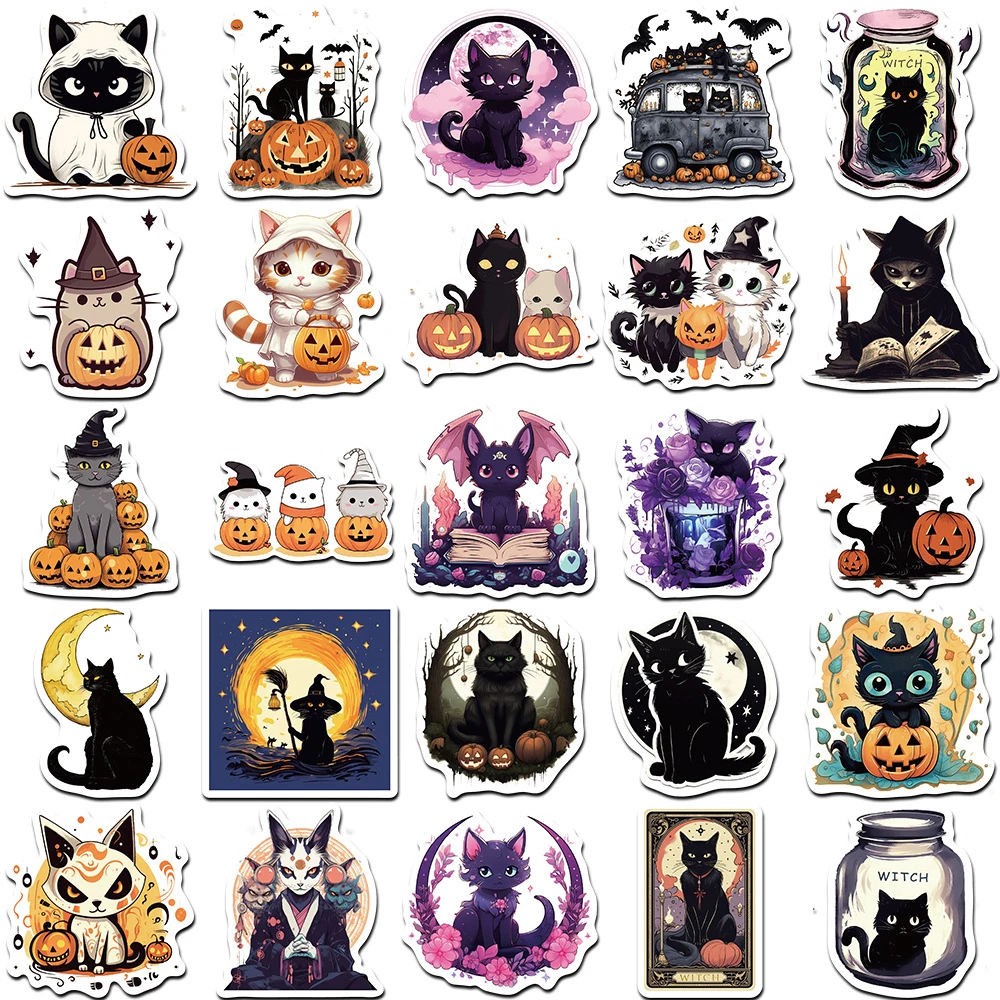 10/30/50pcs Cool Halloween Black Cat Pumpkin Cartoon Stickers Cute Witch Decals Laptop Motorcycle Phone Car Waterproof Sticker