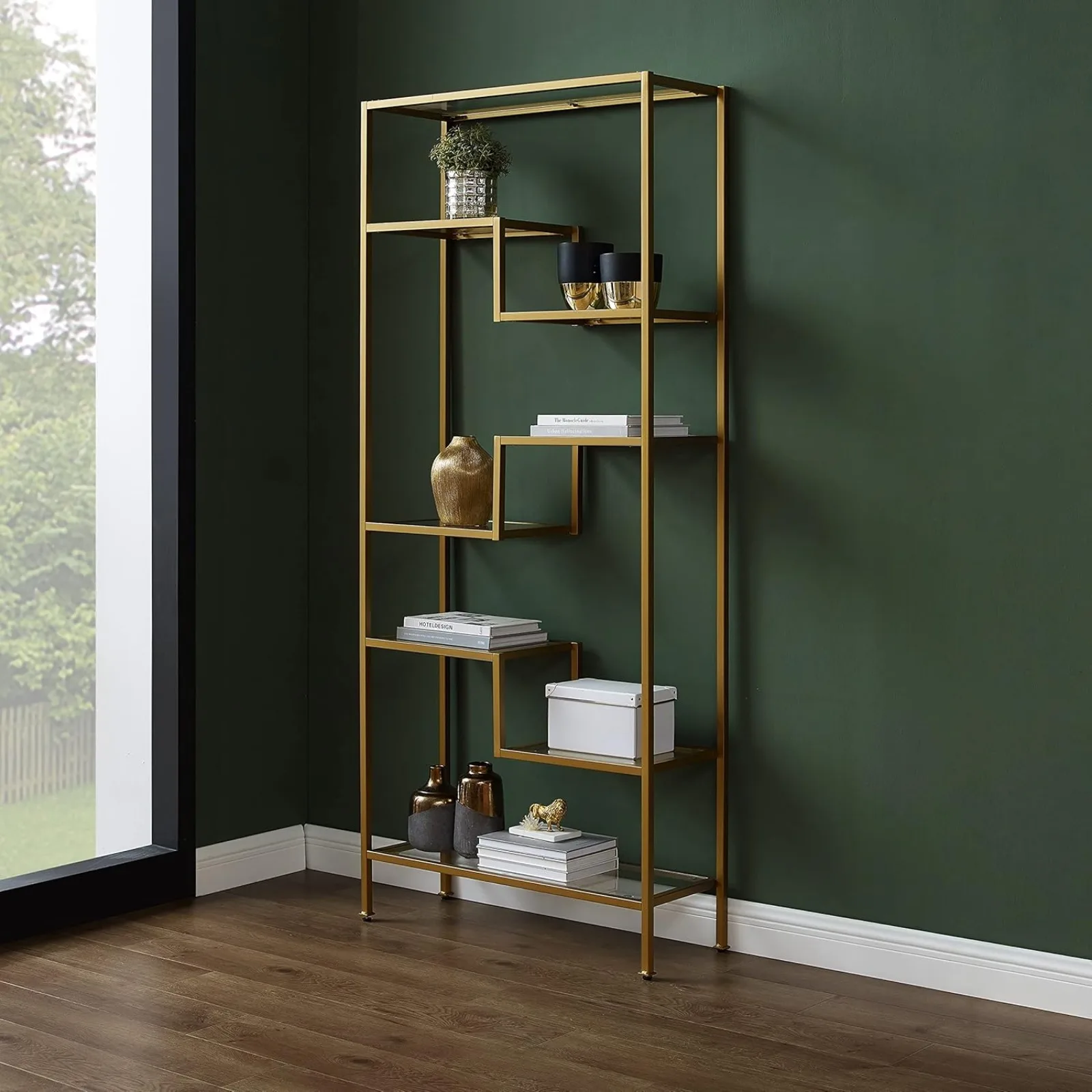 US Sloane Bookshelf with Glass Shelves, Bookcase Storage, Gold