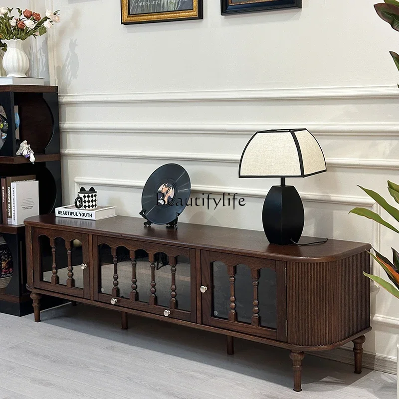 

01 yj19 French Retro Solid Wood Walnut Color TV Cabinet American Style Small Apartment