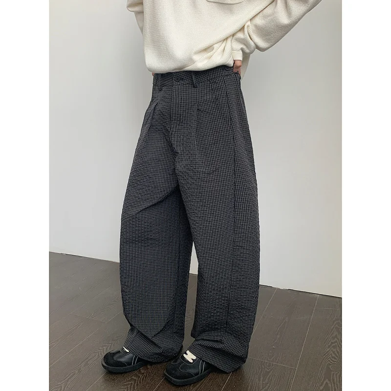 

Свободные мужские клетчатые широкие брюки, осенние повседневные дизайнерские брюки длиной до пола с драпировкой, ленивые прямые брюки из полиэфирного волокна