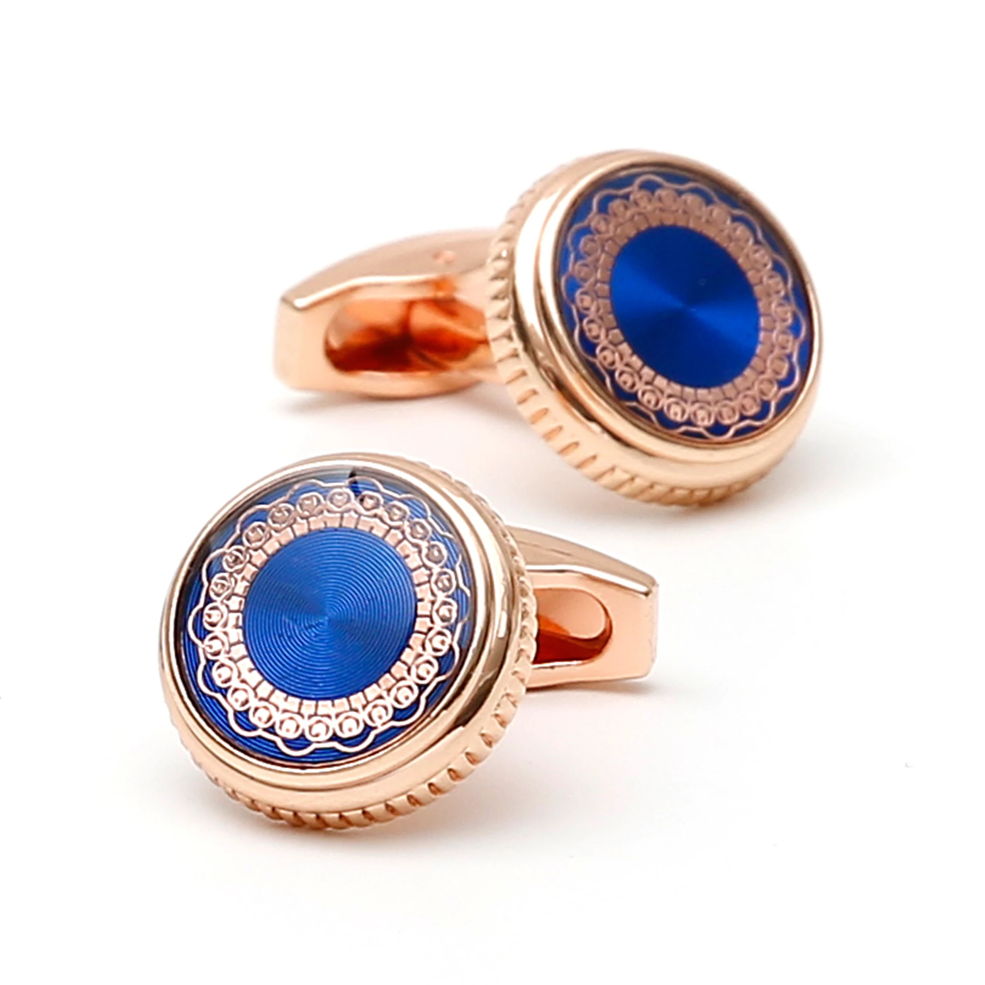 TOMYE Customizable Cufflinks for Men, Blue Background Rose Gold Floral Pattern Round Rose Gold Plated Dress Shirt Cuff Links