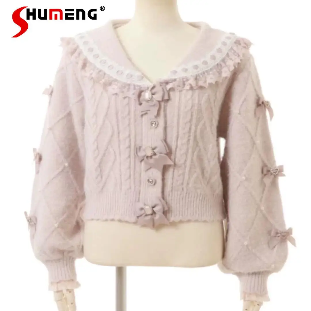 

Japanese Liz Pink Short Knitted Cardigan Jacket Women's Bow Navy Collar Cute Sweet Girls Lolita Knitted Top Spring and Autumn