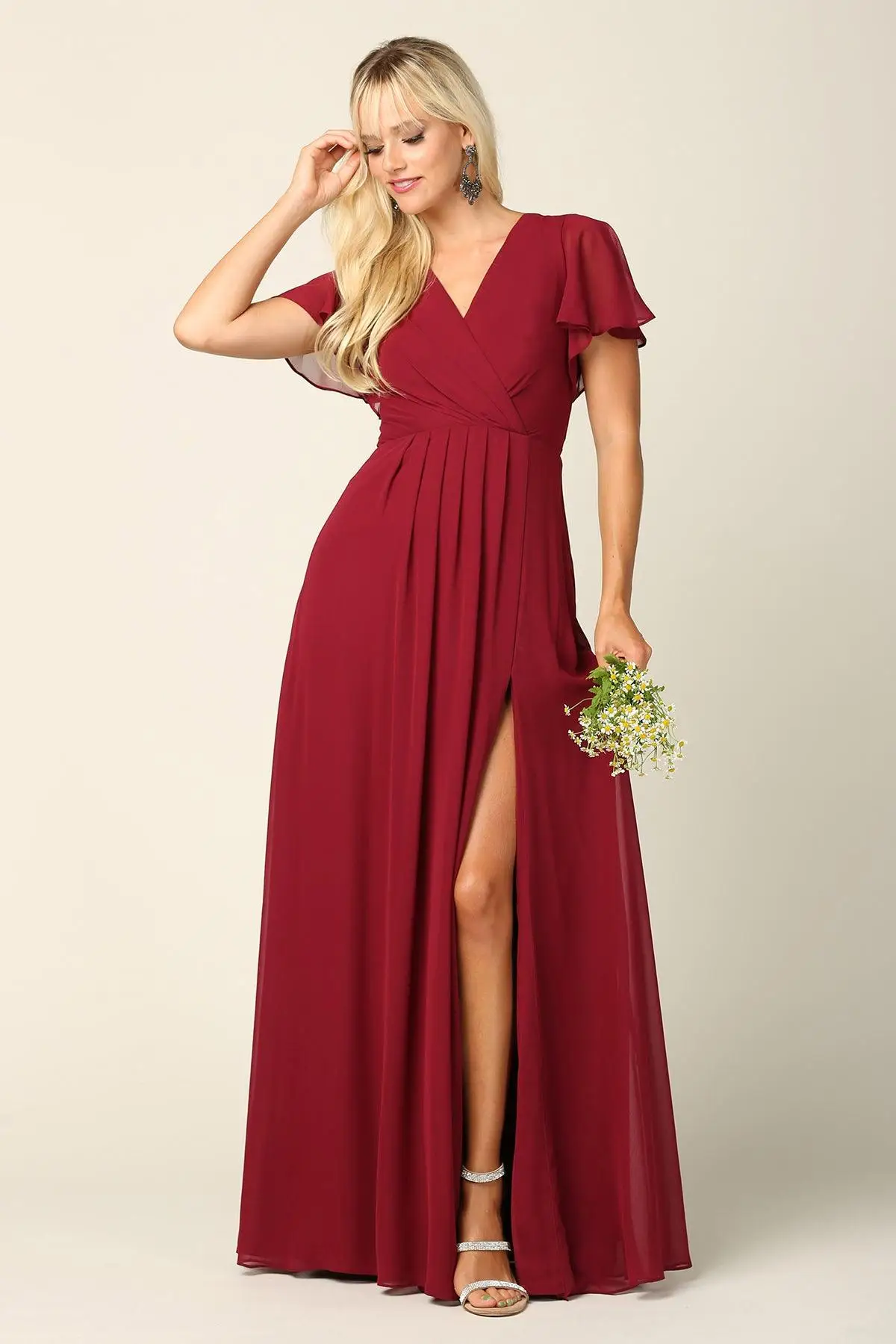 

Fashionvane Bridesmaid Dresses with Short Sleeves V Neck Vestidos Para Bbodas Mujer Invitada Side Split Long Ruched Chiffon Gown